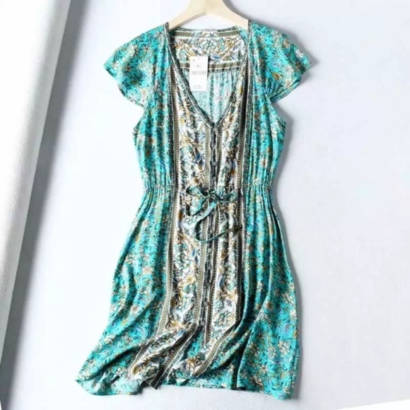 Bohemian Floral Print Teal Button Up Dress - Picture 4 of 5
